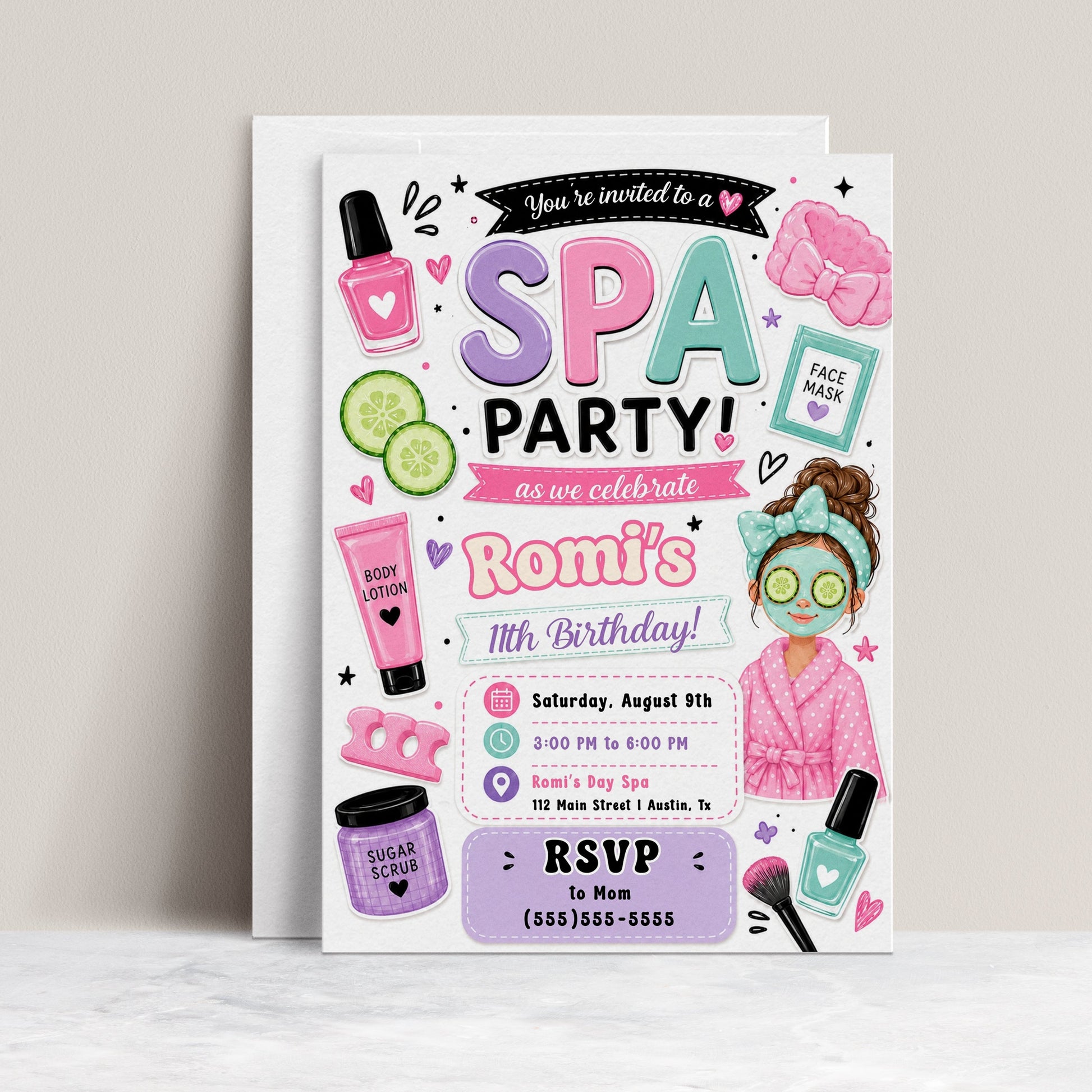 Spa party birthday invitation with nail polish, face mask, robe, cucumber slices, lotion, sugar scrub, makeup brush, hearts, and pink purple teal details