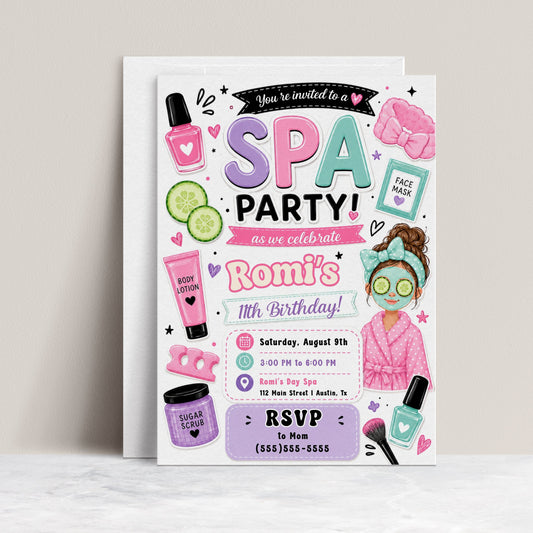 Spa party birthday invitation with nail polish, face mask, robe, cucumber slices, lotion, sugar scrub, makeup brush, hearts, and pink purple teal details