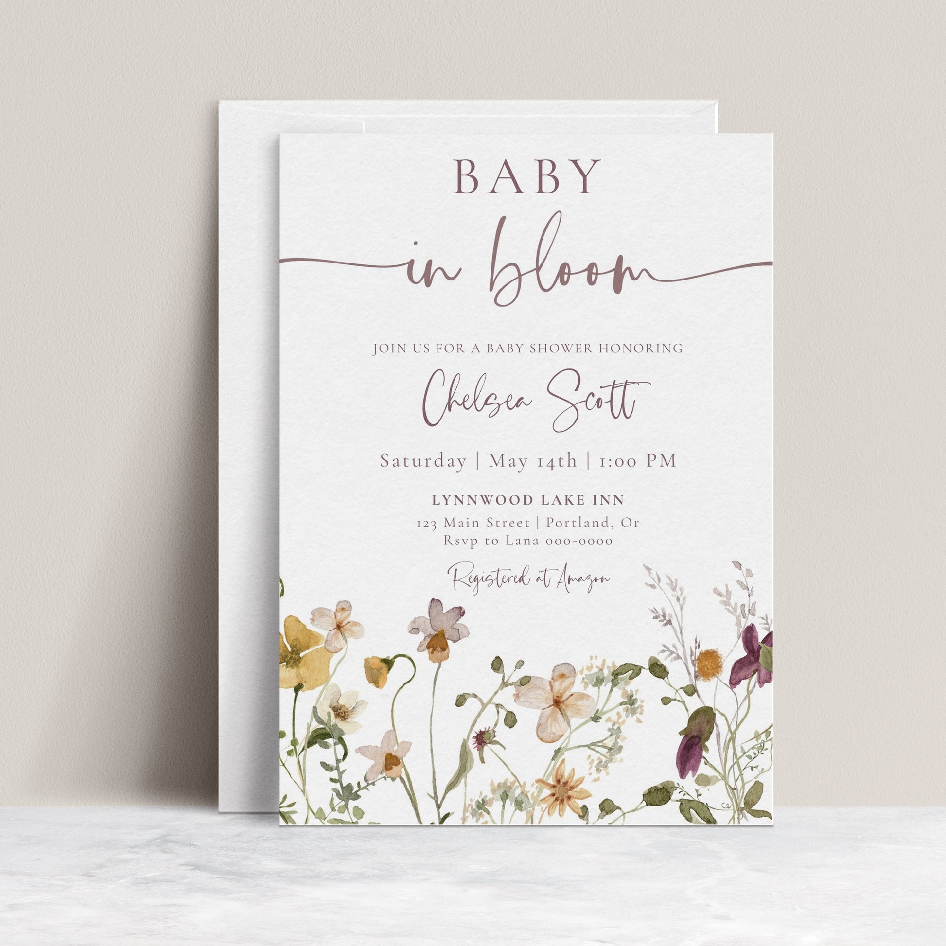 Baby in bloom wildflower baby shower invitation template with watercolor meadow flowers in yellow, purple, and cream, editable in Canva