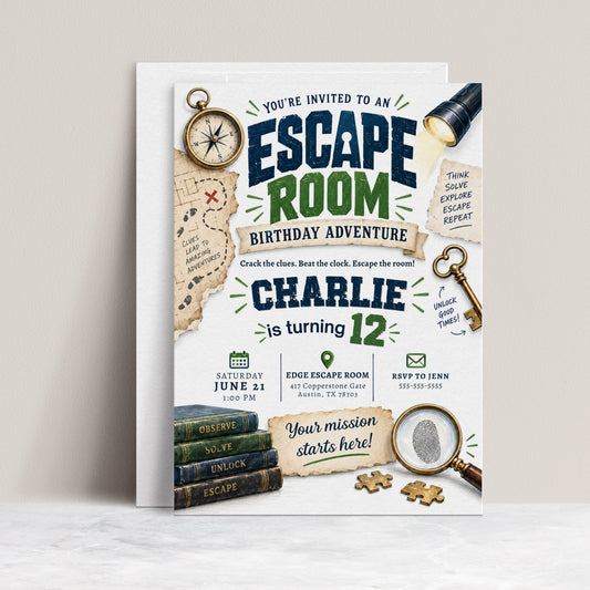 Escape room birthday invitation with vintage keys, compass, flashlight, treasure map clues, fingerprint magnifier, books, and puzzle pieces for a tween party