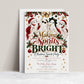Christmas cocktail party invitation with four ghosts holding cocktails, Santa hats, a green bow, gold disco ball, and red and green Making Spirits Bright lettering