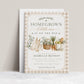Editable homegrown baby shower invitation Canva template with watercolour baby overalls, daisy basket, carrots, market tote, gingham background, and olive branch accents