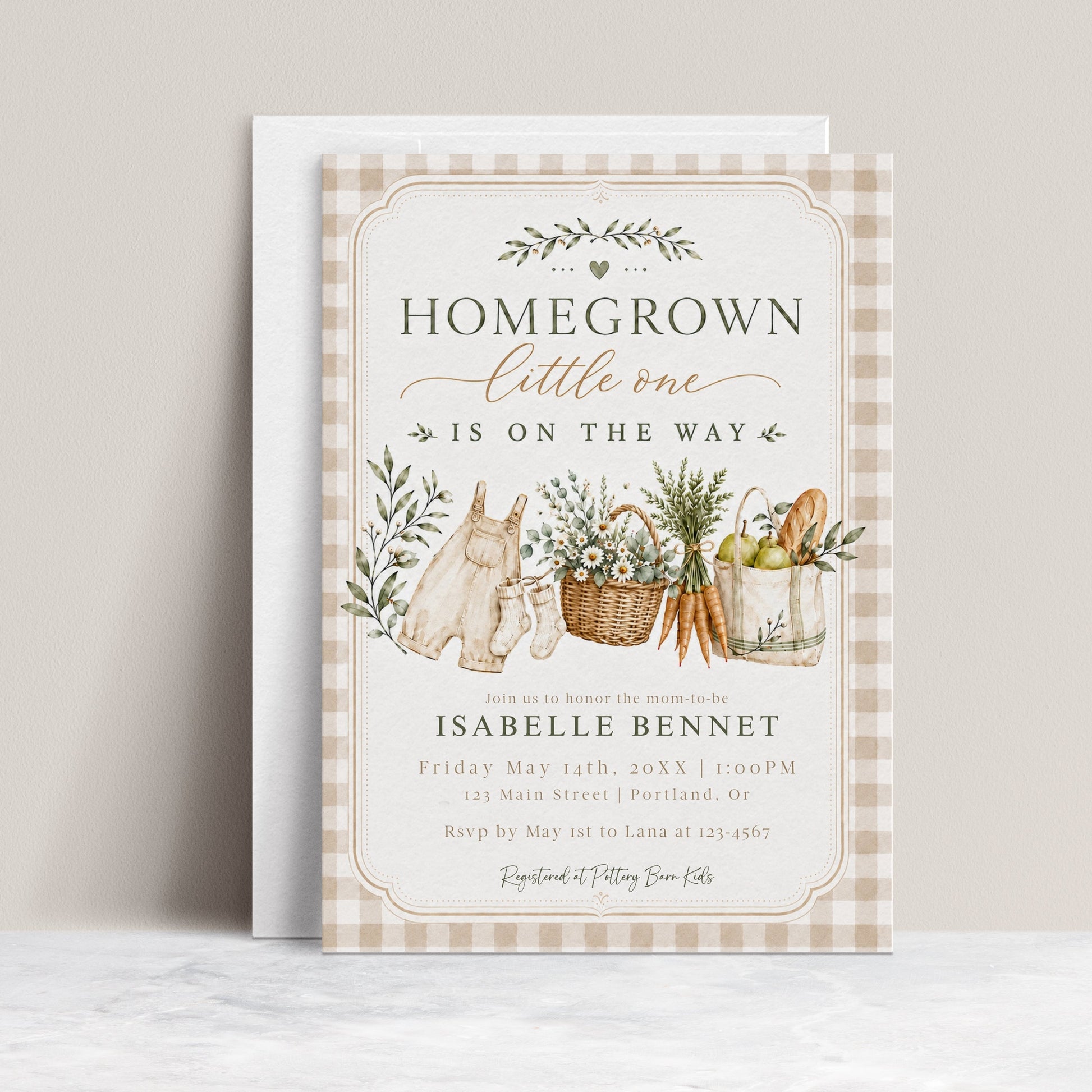 Editable homegrown baby shower invitation Canva template with watercolour baby overalls, daisy basket, carrots, market tote, gingham background, and olive branch accents