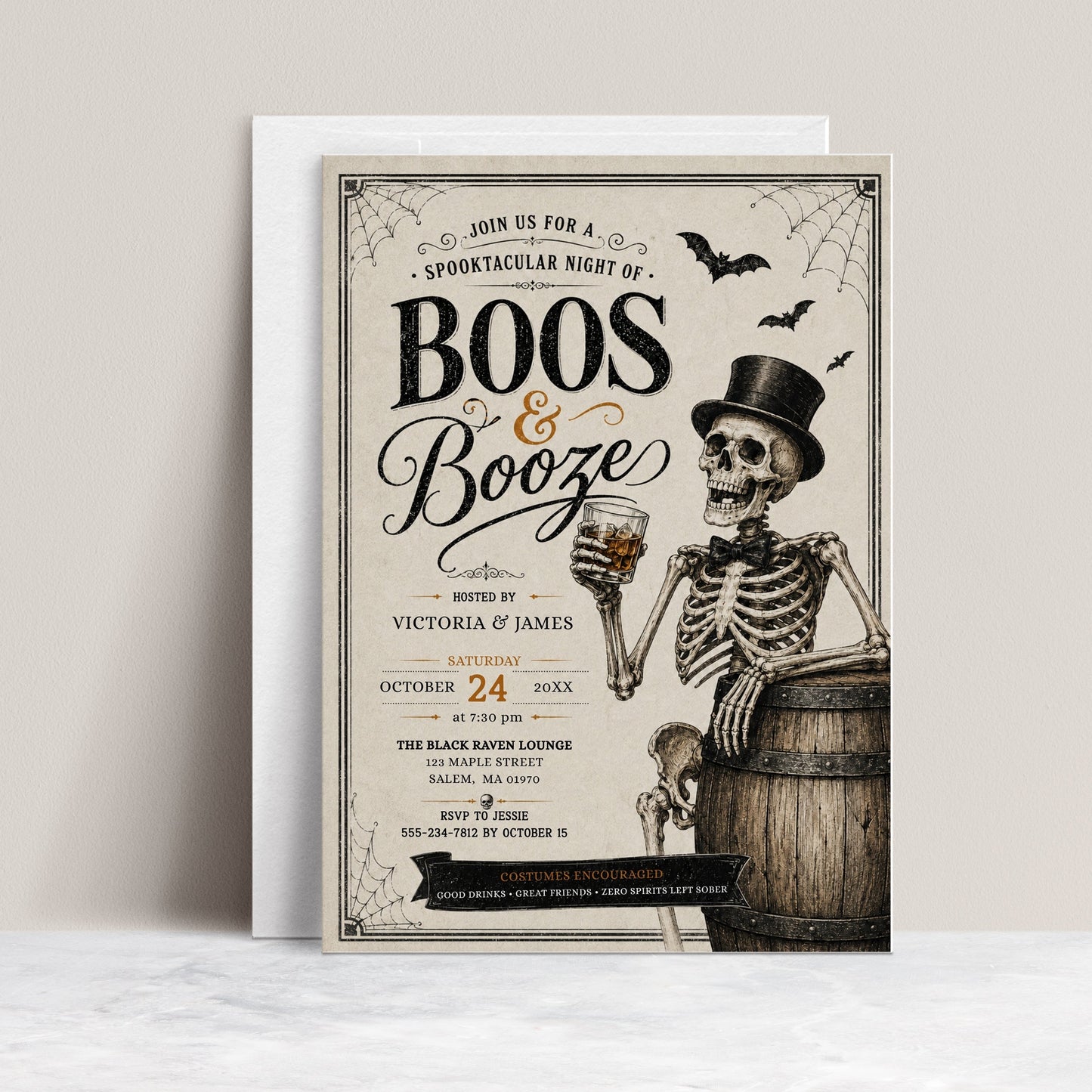Boos and booze Halloween party invitation with dapper skeleton holding a drink, bats, spiderwebs, vintage typography, barrel, and black gold spooky details