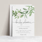 Greenery botanical baby shower invitation template with watercolor eucalyptus branches and cream rose on white background, editable in Canva