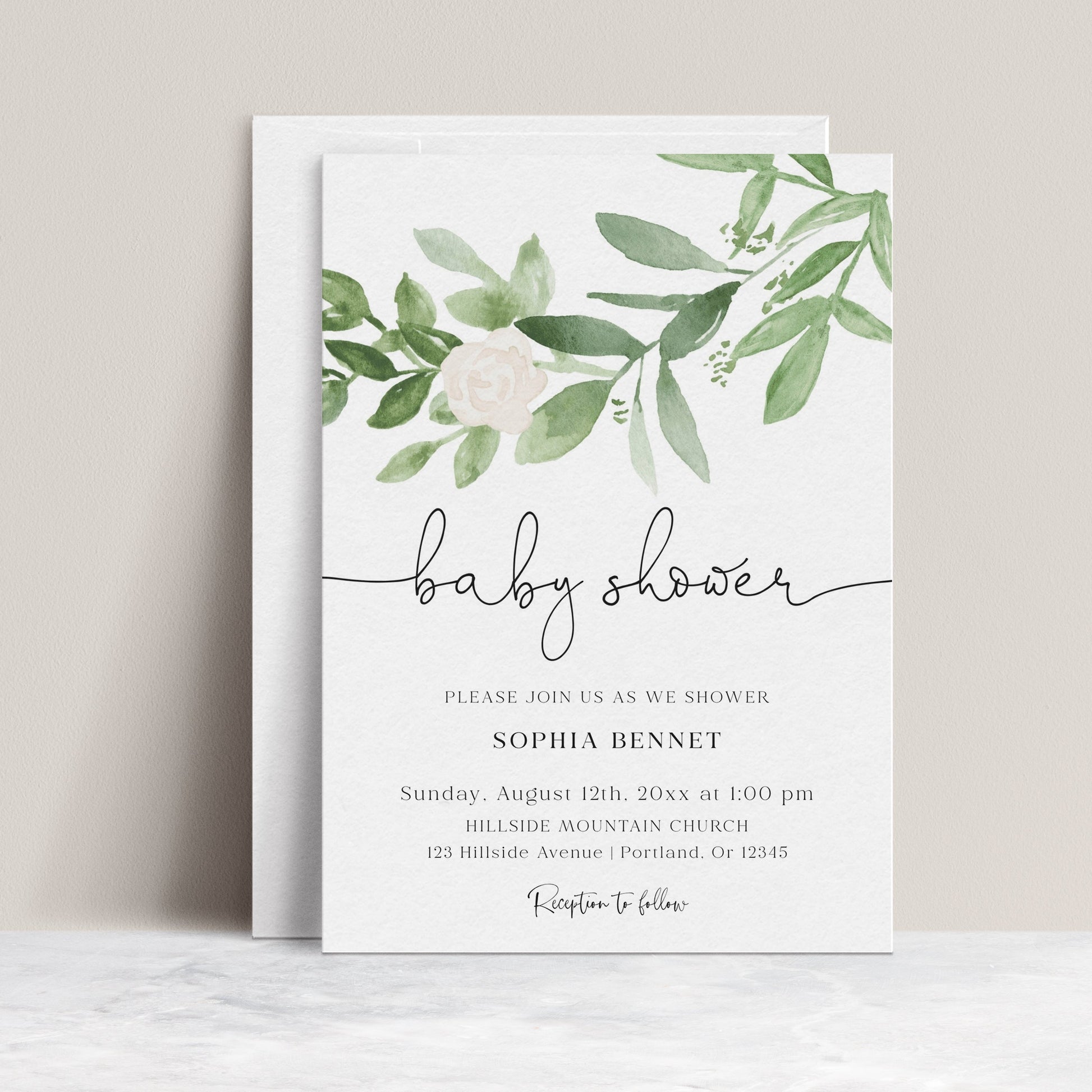 Greenery botanical baby shower invitation template with watercolor eucalyptus branches and cream rose on white background, editable in Canva