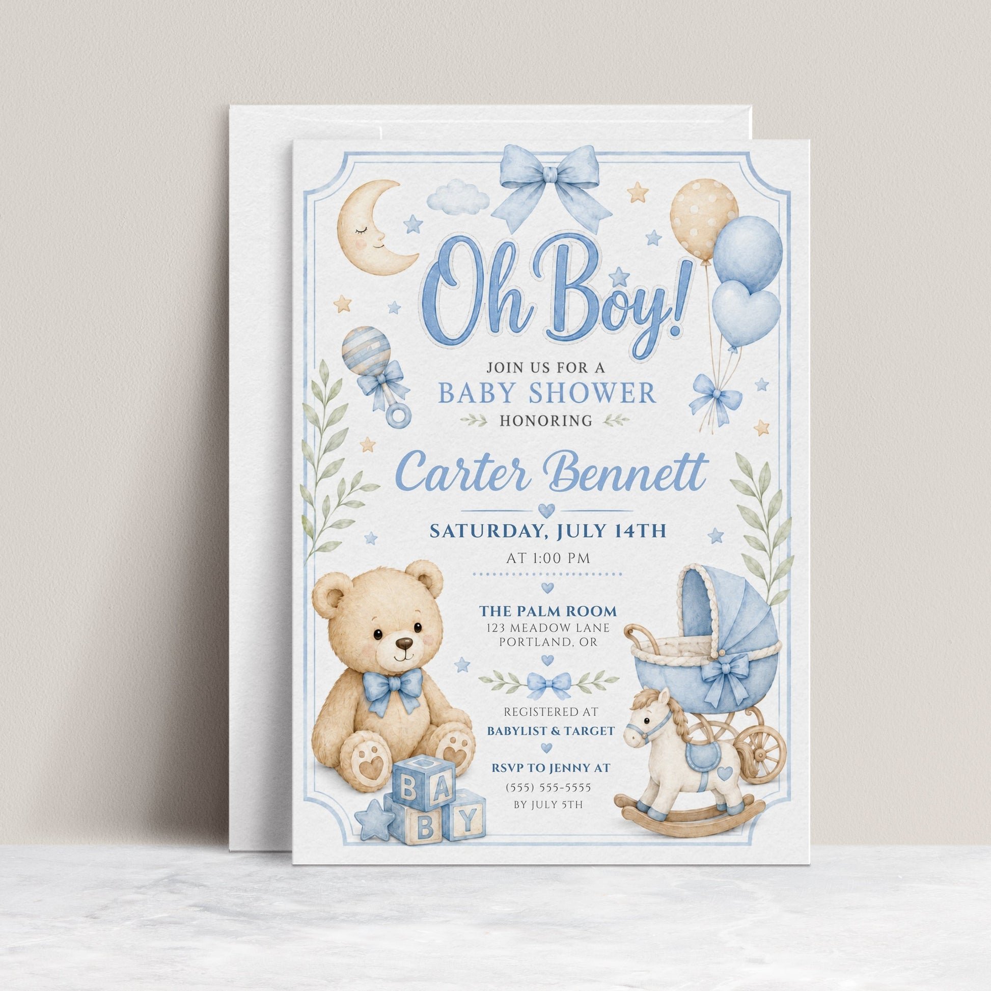 Editable oh boy baby shower invitation Canva template with watercolour teddy bear, baby blocks, vintage pram, rocking horse, balloons, and sleepy moon on a white background with blue border