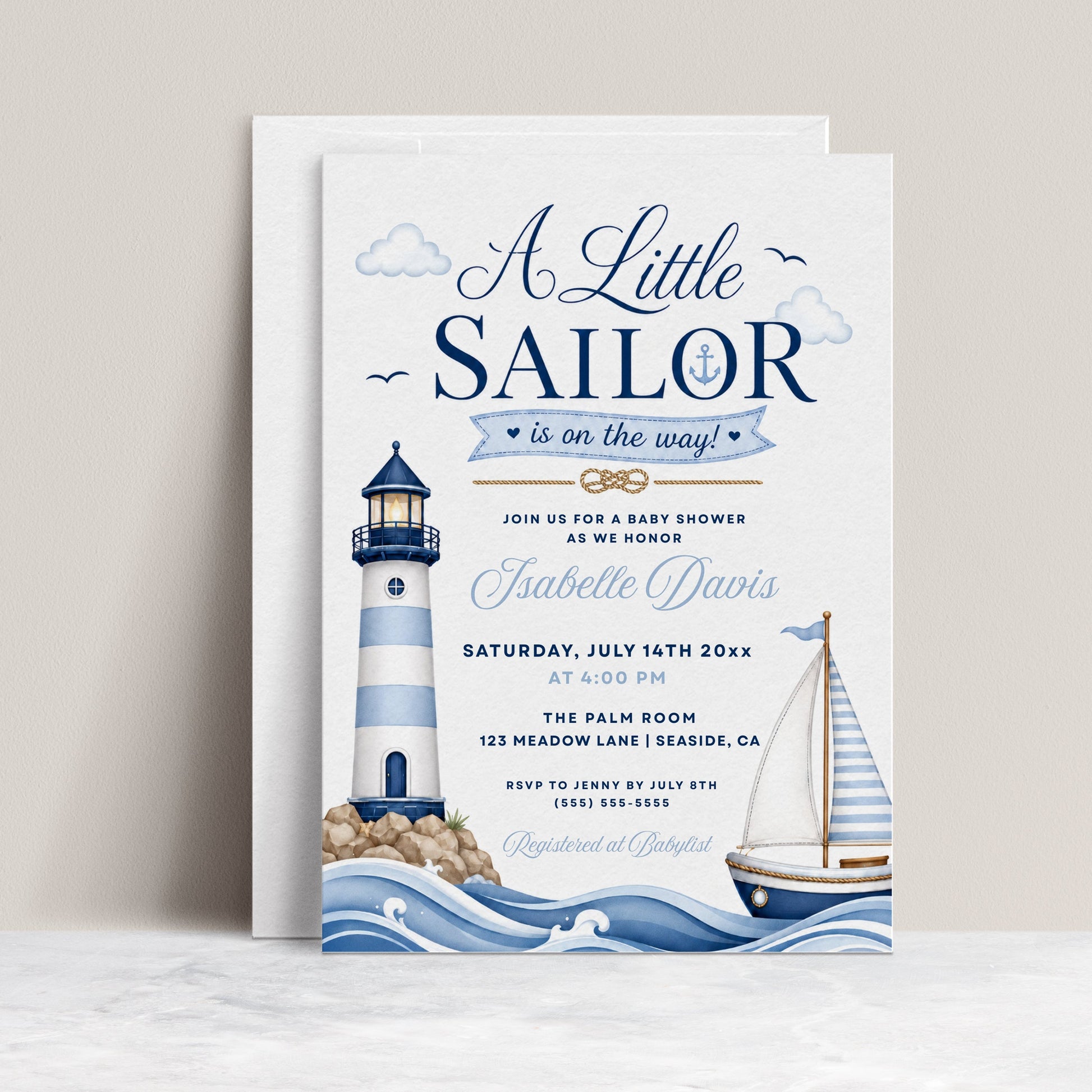 Little sailor nautical baby shower invitation with a lighthouse, sailboat, and ocean waves in navy and light blue