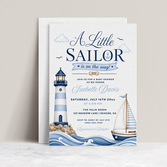 Little sailor nautical baby shower invitation with a lighthouse, sailboat, and ocean waves in navy and light blue