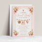 Editable strawberry baby shower invitation Canva template with watercolour strawberries, white blossoms, clothesline scene, and pink gingham background, shown with front and back of card