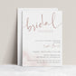 Latte minimalist bridal shower invitation template with oversized dusty rose calligraphy script and soft watercolor wash, editable in Canva