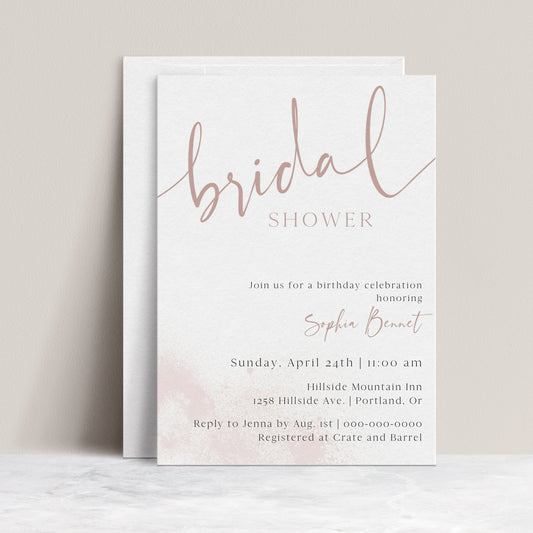 Latte minimalist bridal shower invitation template with oversized dusty rose calligraphy script and soft watercolor wash, editable in Canva