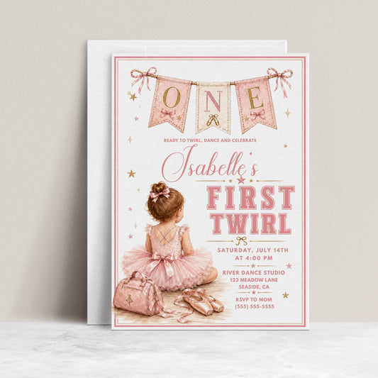 Dance first birthday invitation with little ballerina in pink tutu, ballet slippers, dance bag, bows, gold stars, ONE banner, and soft blush details