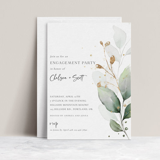 Engagement party invitation with watercolor greenery and gold accents, editable with Corjl | www.foreveryourprints.com