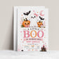 Halloween baby shower invitation with cute ghost, pink bow, smiling pumpkins, bats, pink crescent moon, spiderweb, haunted house, and spooky-cute baby shower details