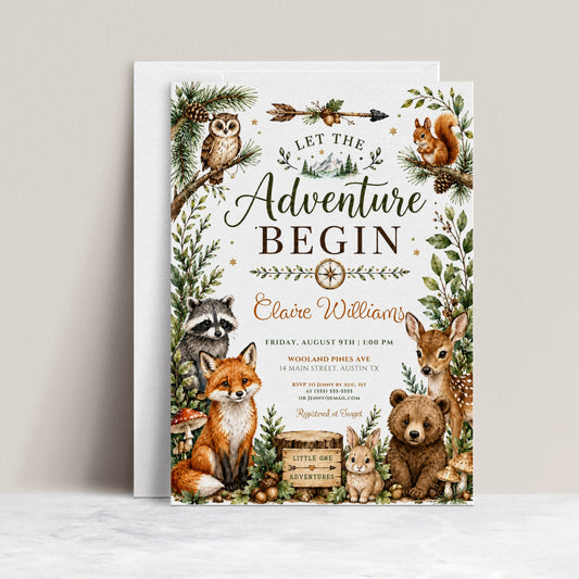 Woodland baby shower invitation with fox, bear, deer, raccoon, bunny, owl, squirrel, greenery, pine branches, mushrooms, acorns, and adventure details