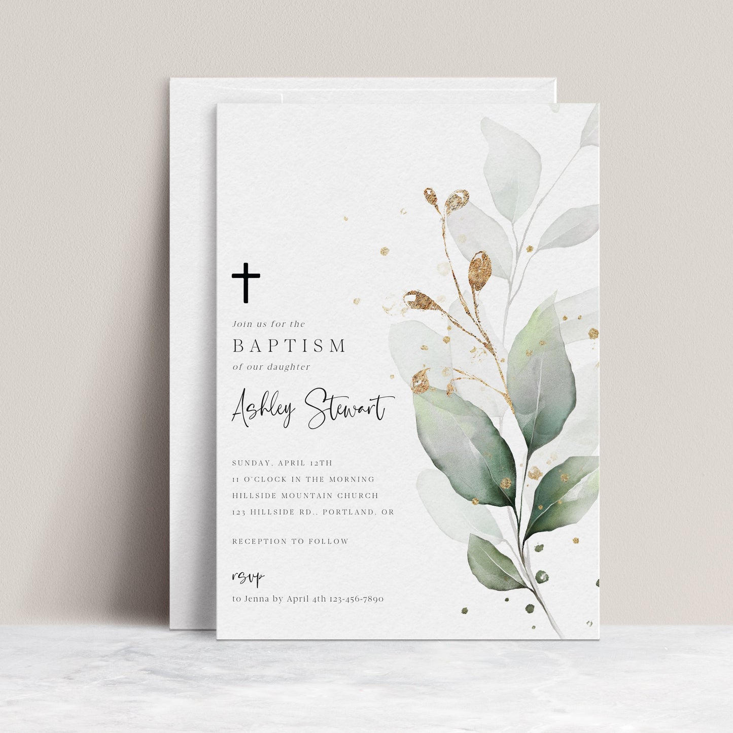 Eucalyptus Baptism Invitation | www.foreveryourprints.com
