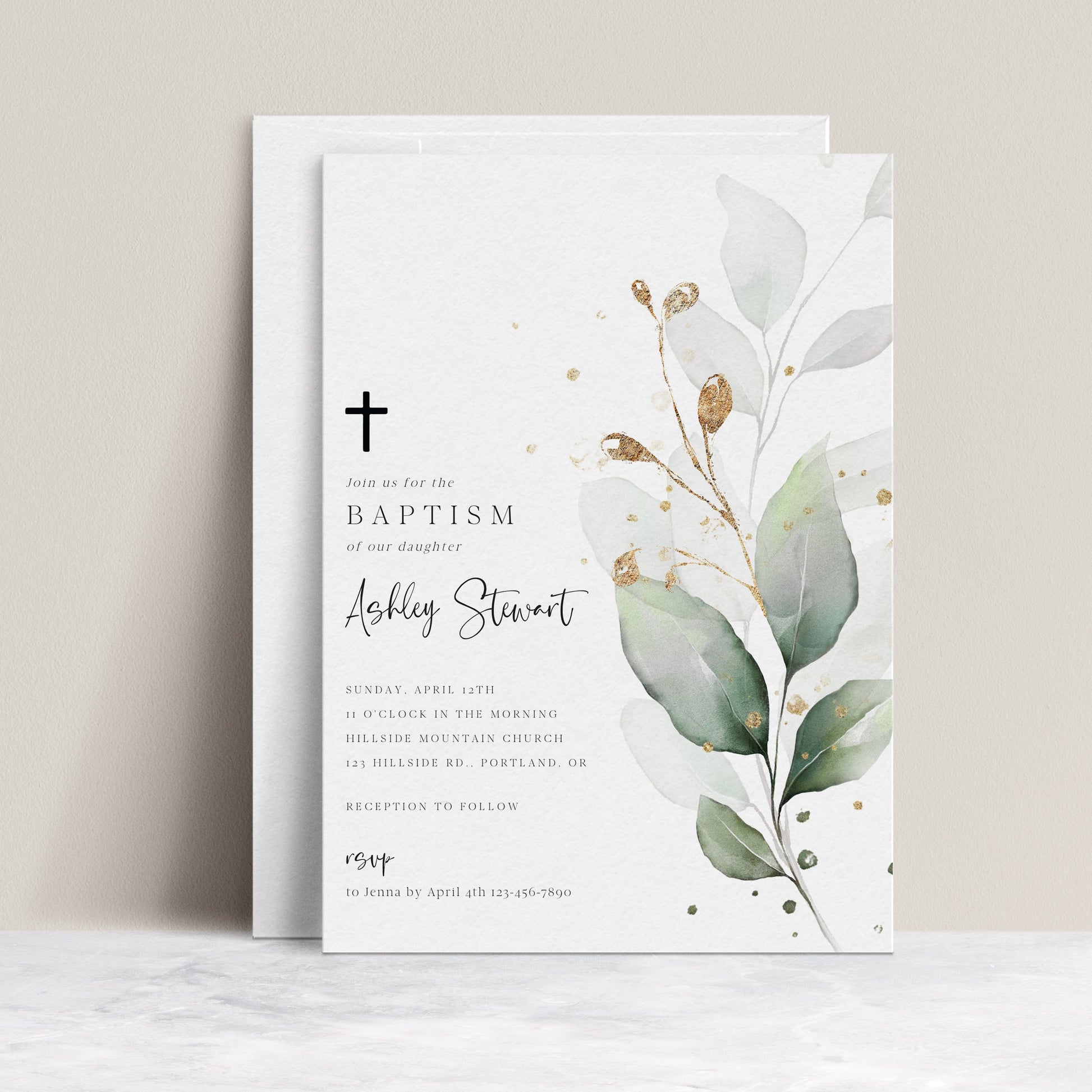Eucalyptus Baptism Invitation | www.foreveryourprints.com