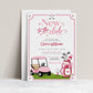 Editable pink golf baby shower invitation Canva template with pink golf cart, hot pink golf bag with bow, crossed clubs, corner pennants, and bold pink typography on a white background