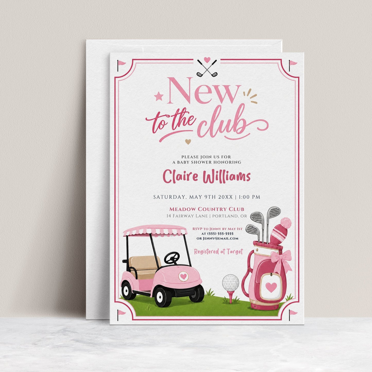 Editable pink golf baby shower invitation Canva template with pink golf cart, hot pink golf bag with bow, crossed clubs, corner pennants, and bold pink typography on a white background