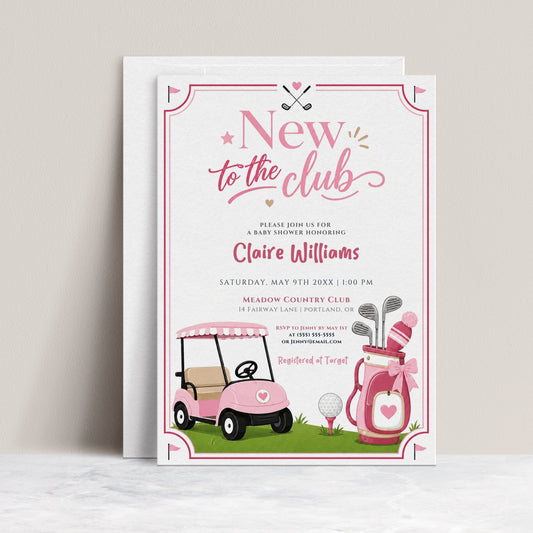 Editable pink golf baby shower invitation Canva template with pink golf cart, hot pink golf bag with bow, crossed clubs, corner pennants, and bold pink typography on a white background