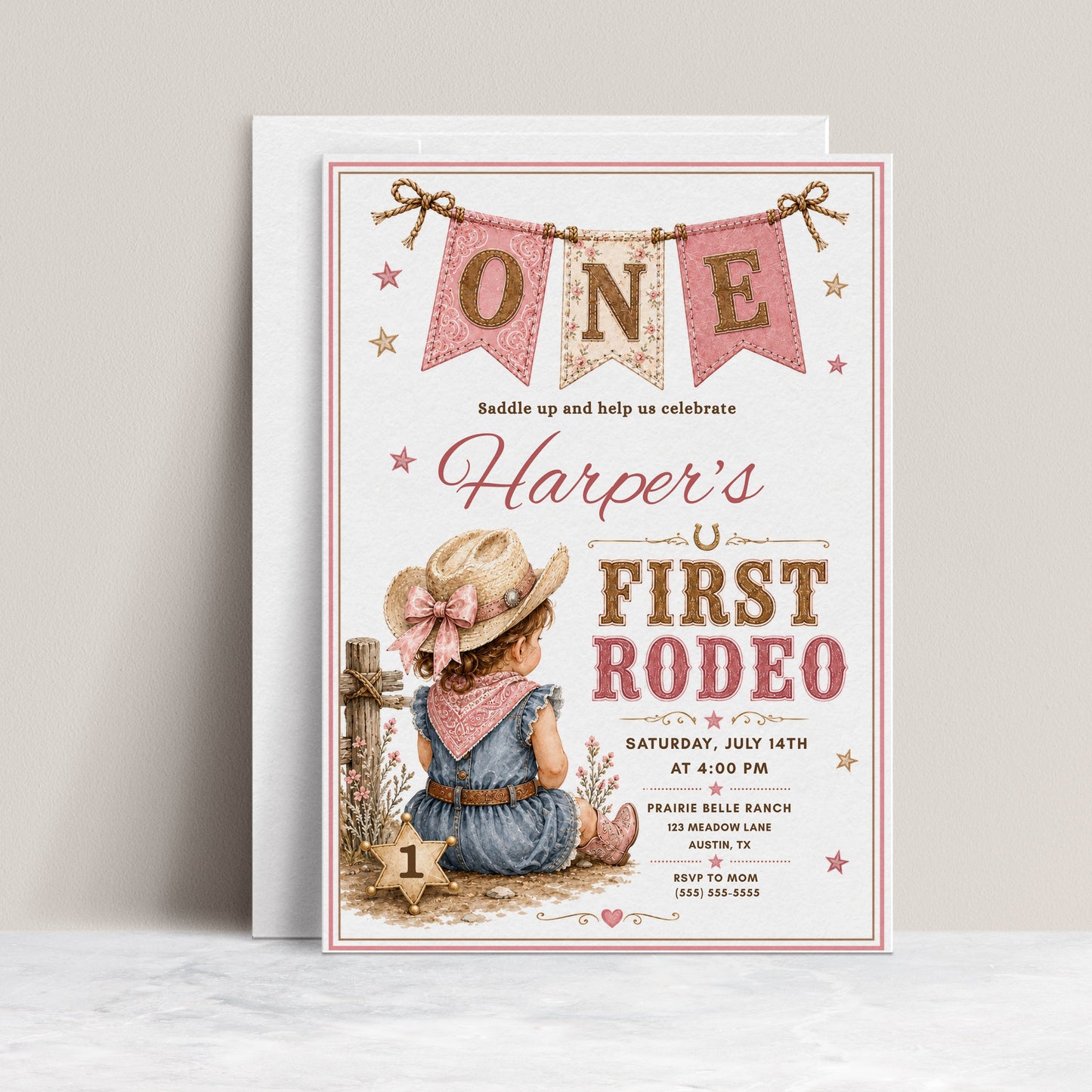 A rustic western-themed first birthday invitation card with an illustrated child at a rodeo.