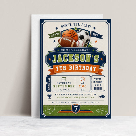 All-star birthday invitation with soccer ball, basketball, football, baseball, varsity lettering, pennant flags, stars, whistle, foam finger, and navy green red sports details