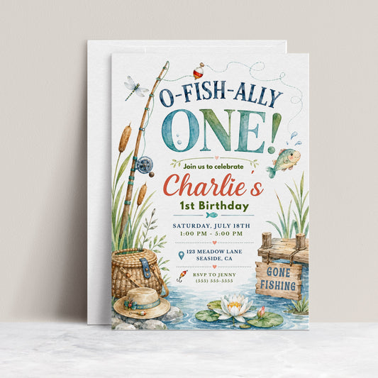 Fishing first birthday invitation with fishing pole, bobber, fish, basket, straw hat, lily pads, water, cattails, and rustic gone fishing sign