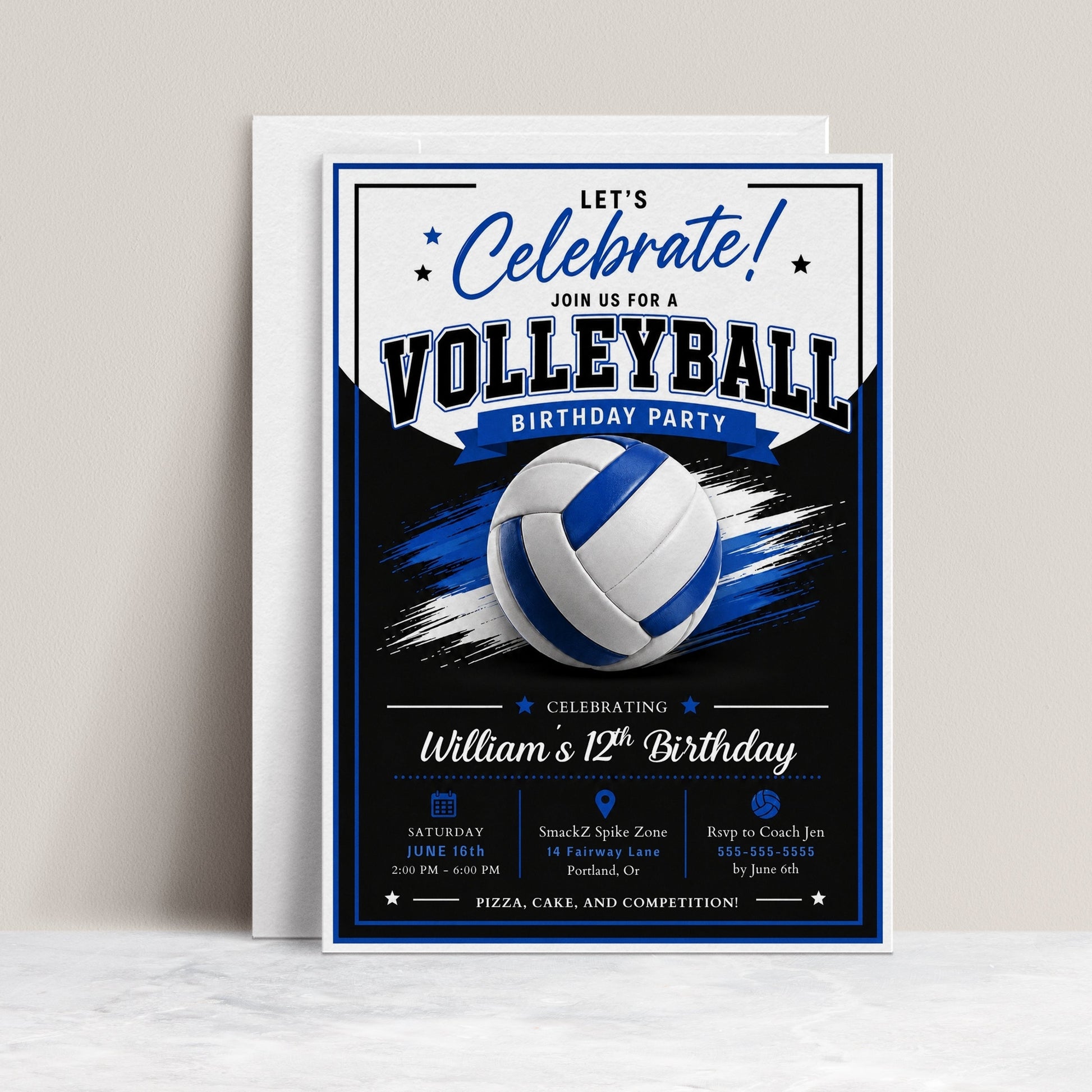 Volleyball boy birthday invitation with a blue and white volleyball and brush strokes in blue, black, and white