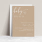 Minimalist baby brunch invitation template with warm beige background and white script typography, editable in Canva