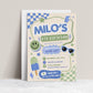 Boys retro birthday invitation in blue and green featuring a smiley face, sunglasses, checkerboard patterns, stars, lightning bolts and a popsicle.