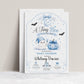 Tiny boo baby shower invitation with cute ghost, blue pumpkin, bats, crescent moon, stars, spiderweb accents, bow details, and soft Halloween baby boy design