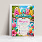 Aloha pool party birthday invitation featuring a tropical swimming pool, pink flamingo float, hibiscus flowers, beach ball, sunglasses and fruit drink.
