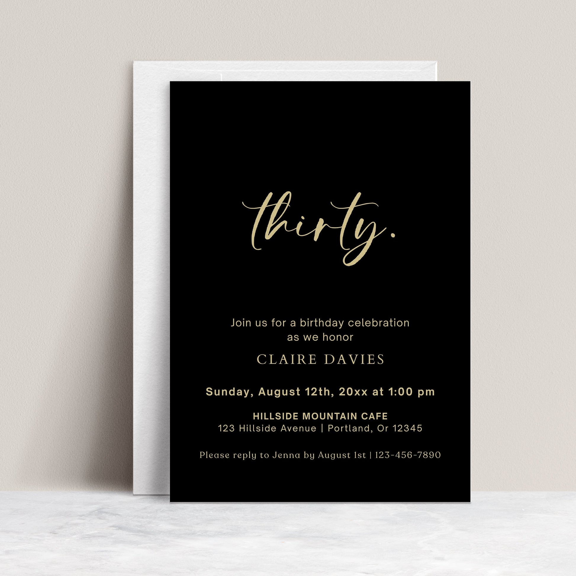 Black and gold 30th birthday invitation template with gold calligraphy script on dramatic black background, editable in Canva