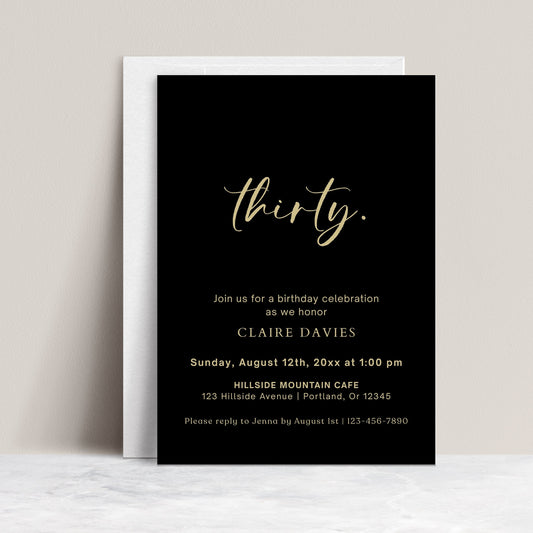 Black and gold 30th birthday invitation template with gold calligraphy script on dramatic black background, editable in Canva