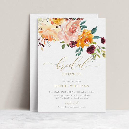 Fall floral bridal shower invitation with watercolor flowers and elegant script text | www.foreveryourprints.com