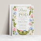 Peas in a pod gender reveal invitation with two peas in pink and blue bows and sweet pea flowers
