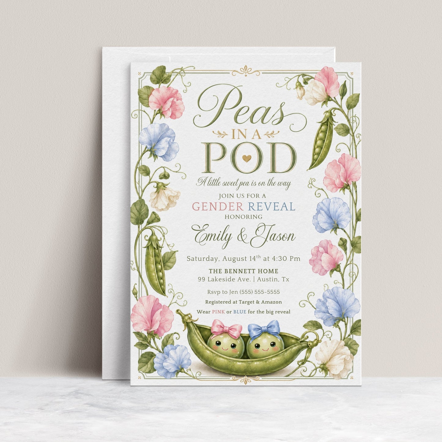 Peas in a pod gender reveal invitation with two peas in pink and blue bows and sweet pea flowers