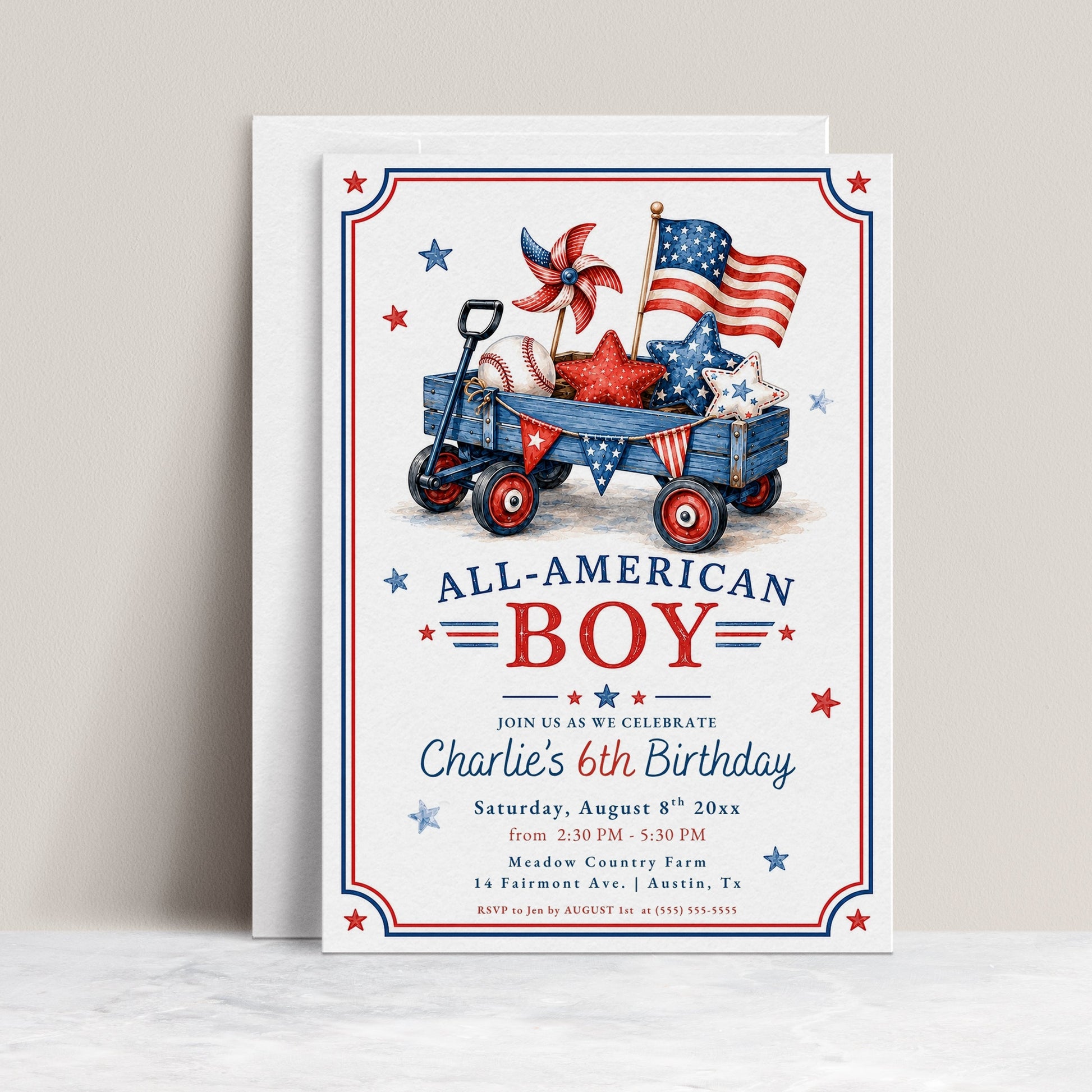 All-American boy birthday invitation featuring a wagon, American flag, baseball and stars in red, white and blue.