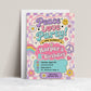 Peace love party birthday invitation with pastel checkerboard, rainbow waves, flowers, hearts, smiley faces, and peace sign retro details