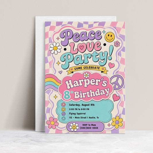 Peace love party birthday invitation with pastel checkerboard, rainbow waves, flowers, hearts, smiley faces, and peace sign retro details