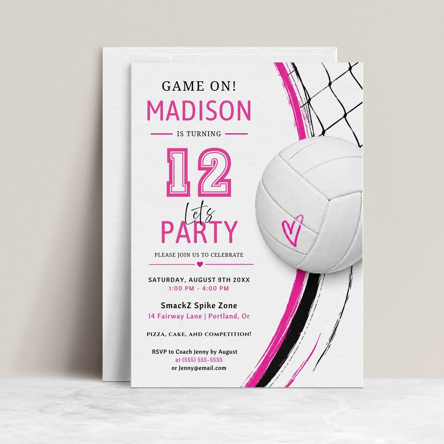 Volleyball girl birthday invitation with a volleyball and net in bold pink, black, and white