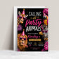 Party Animals birthday invitation with giraffe, zebra, lion, and parrot wearing party hats and pink sunglasses for a girls zoo birthday party