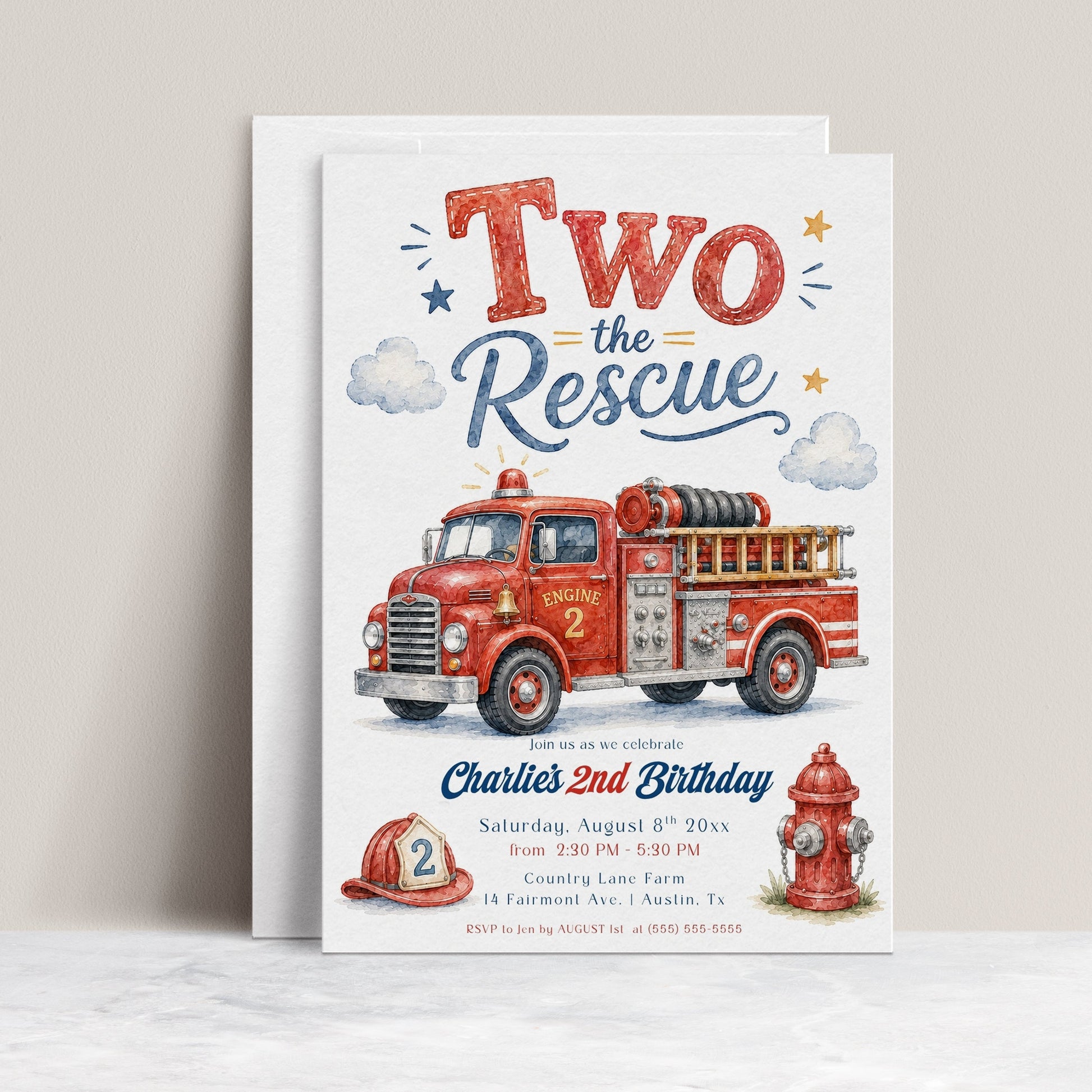 Two the Rescue second birthday invitation featuring a red fire truck, firefighter helmet, fire hydrant, clouds and stars in red, blue and gold.
