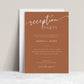 Terracotta minimalist wedding reception party invitation template with white script and serif typography, editable in Canva