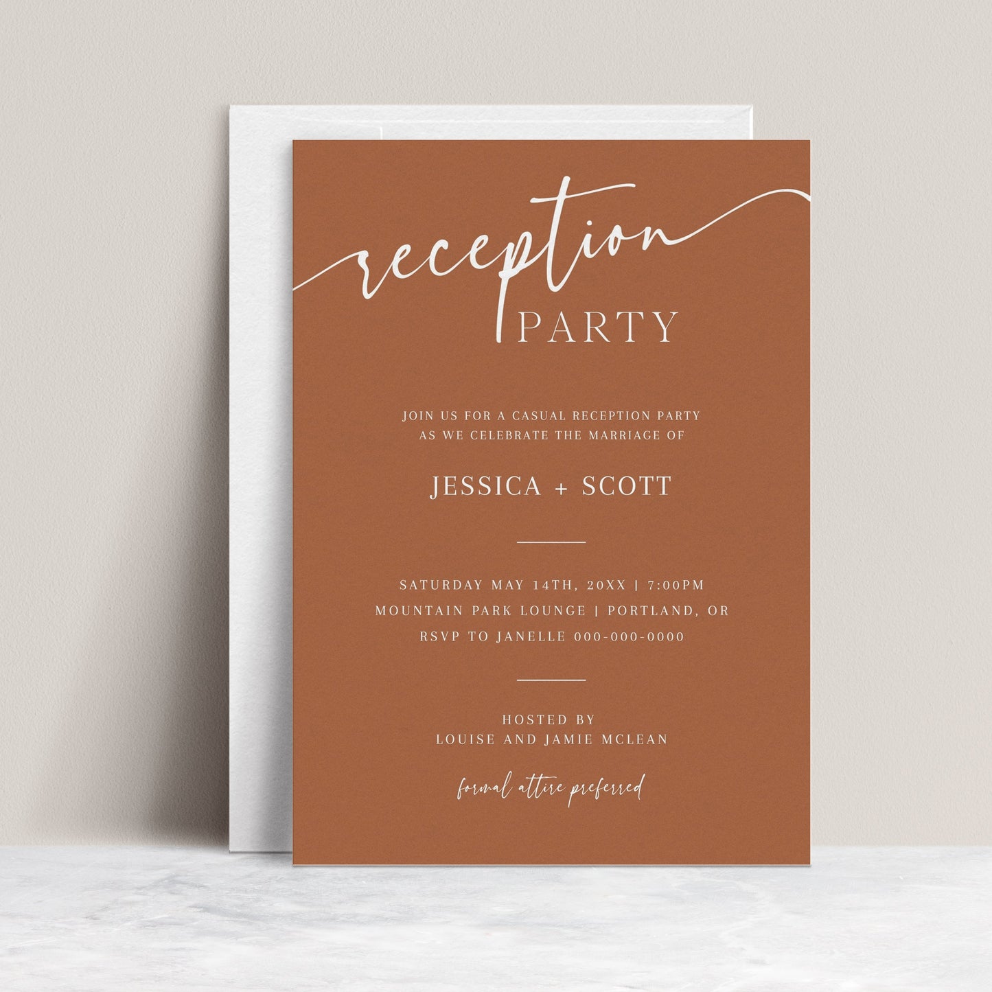 Terracotta minimalist wedding reception party invitation template with white script and serif typography, editable in Canva