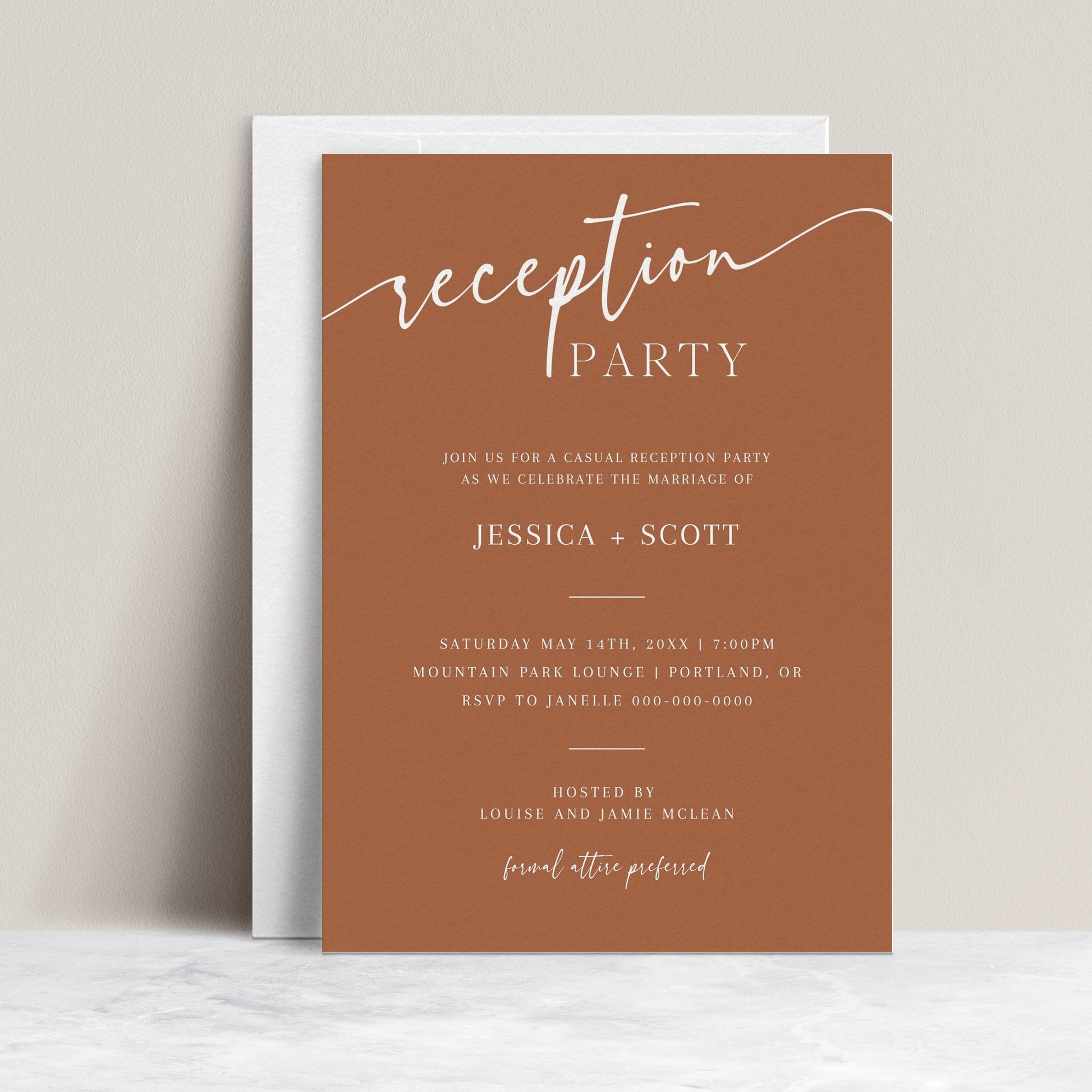 Terracotta minimalist wedding reception party invitation template with white script and serif typography, editable in Canva