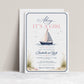 Nautical girl baby shower invitation with a sailboat, seashells, and beach grass in navy and blush pink