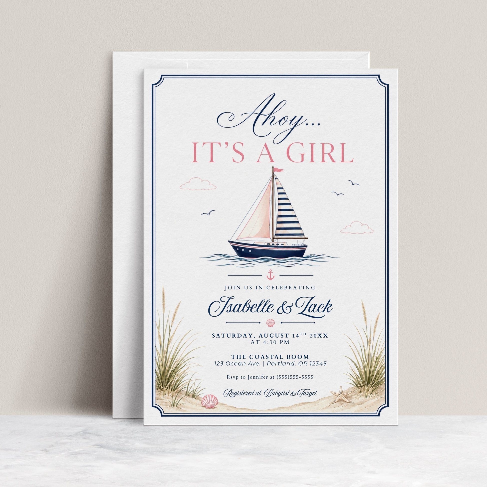 Nautical girl baby shower invitation with a sailboat, seashells, and beach grass in navy and blush pink