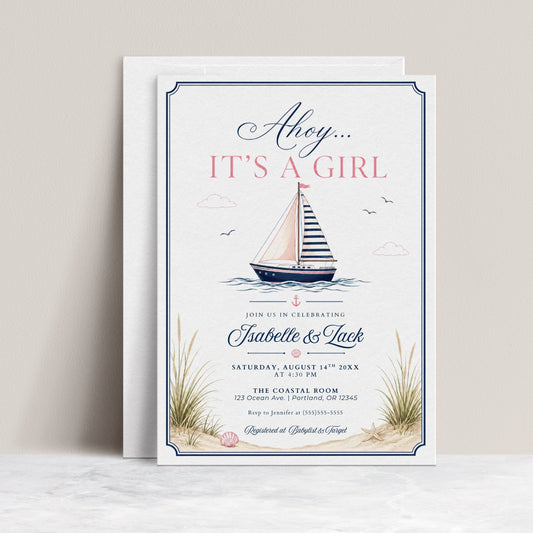Nautical girl baby shower invitation with a sailboat, seashells, and beach grass in navy and blush pink
